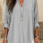 Women's Cotton Long Sleeve Round Neck Solid Color Loose Beach Shirt