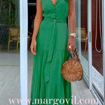 Margovil Buttons V Neck Sleeveless Tie Waist Maxi Swing Dress