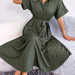 Loose Short Sleeves Solid Color Split-Joint Tied Waist Lapel Midi Dresses Shirt Dress