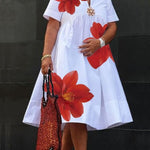 A-Line Loose Flower Print Pleated V-Neck Midi Dresses