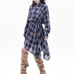 High-Low Irregularity Elasticity Plaid Lapel Collar Midi Dresses