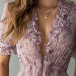 Romantic Lavender Puff-Sleeve Ruffled Floral Chiffon Blouse