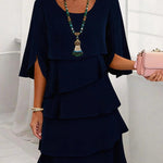 Half Sleeves Loose Layered Ruffled Solid Color Split-Joint Round-Neck Mini Dresses