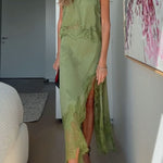 Modern Muse Satin Lace Trim Pleated Neck Top and A-line Irregular Slit Skirt Set