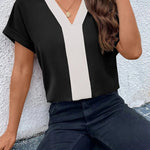 Loose Short Sleeves Contrast Color V-Neck T-Shirts Tops