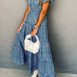 Blue Abstract Print Split V Neck Shirred High Waist Maxi Dress