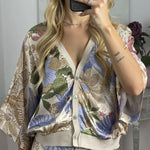 Satin Floral Print V-neck Half-sleeve Loose Top and Elegant Maxi Skirt Set