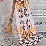 A-Line High Waisted Contrast Color Pleated Printed Split-Joint Spaghetti-Neck Midi Dresses