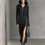 Women's Urban Style Black Ribbed Knit Air Layer Hooded Zip-up Midi Dress