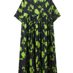 Loose Floral Pleated Round-Neck Midi Dresses