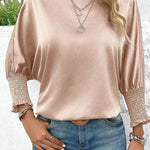 Smoke Gray Smocked Dolman Sleeve Satin Blouse