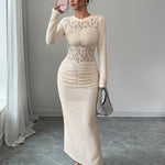 Bodycon Long Sleeves Hollow Lacy Pleated Solid Color Split-Back Split-Joint Zipper Round-Neck Maxi Dresses