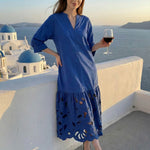 A-Line Long Sleeves Hollow Pleated Solid Color Split-Joint V-Neck Maxi Dresses