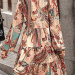 Long Sleeves Loose Buttoned Flower Print Split-Joint V-Neck Mini Dresses