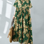 Half Sleeves Loose Flower Print Pleated Pockets Round-neck Midi Dresses