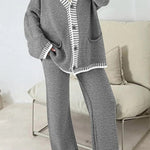 Fashion Casual Knitted Long Sleeve Pocket Cardigan and Elastic Waist Loose Wide Leg Pants Set