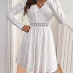 High Waisted Long Sleeves Hollow Lacy Solid Color Split-Joint V-Neck Mini Dresses