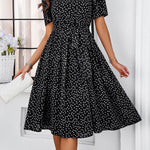 A-Line Elasticated Waist Contrast Color Polka Dot Split-Joint Tied Waist Round-Neck Midi Dresses