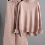 Urban Long Sleeves Solid Color Half Turtleneck Sweater Tops & Wide Leg Pants Two Pieces Set