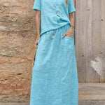 Women'S Casual Solid Color Cotton And Linen Loose Dress Two-Piece Set