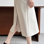 High Waisted Loose Pockets Solid Color Split-Back Zipper Round-Neck Midi Dresses
