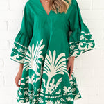 A-Line Flared Sleeves Flower Print Pleated Split-Joint V-Neck Mini Dresses