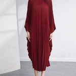Urban Flared Batwing Sleeves Pleated Solid Color Round-Neck Midi Dresses