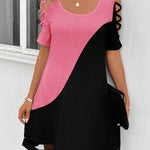 A-Line Loose Contrast Color Hollow Mesh Split-Joint Cold Shoulder Mini Dresses