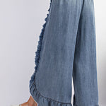 Solid Color Ruffled Elastic Waist Tie Loose Denim Flared Pants
