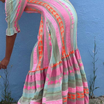 Music Festival Geometric Color Block Pocketed Smocked Boho Maxi Dress