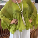 Romantic Journey Chiffon Ruffle Batwing Sleeve Top and Elastic Waist Pocket Loose Pants Set