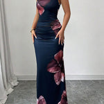 Bodycon Sleeveless Contrast Color Flower Print Round-Neck Maxi Dresses
