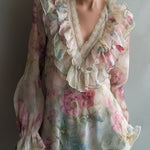 Romantic Floral Sheer Chiffon Ruffle Blouse With Lace Neckline