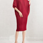 Batwing Sleeves Loose Pleated Solid Color V-Neck Midi Dresses