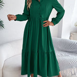 High Waisted Long Sleeves Pleated Ruffled Solid Color Lapel Midi Dresses Shirt Dress