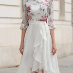 Floral Chiffon Midi Dress With Asymmetric Ruffle Skirt