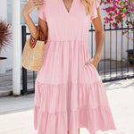 Loose Ruffle Sleeves Pleated Pockets Solid Color Split-Joint V-Neck Midi Dresses