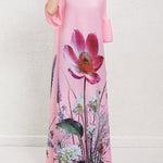 A-Line Flared Sleeves Flower Print Pleated V-Neck Maxi Dresses