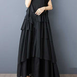 A-Line Loose Asymmetric Buttoned Pleated Spaghetti-Neck Maxi Dresses Suspender Dress