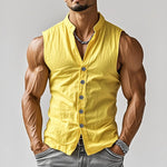 Men's Casual Comfort Cotton Stand Collar Single Breasted Sleeveless Shirt