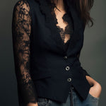 Elegant Black Lace Panel Sleeve Blazer Top