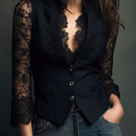 Elegant Black Lace Panel Sleeve Blazer Top