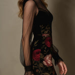 Velvet Rose Print Sheer Patchwork Mini Dress With Lace Trim
