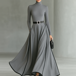 Women's Black Stitching White Trim High Collar Long Sleeve Tight Belt Maxi Dress