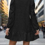 A-Line Long Sleeves Jacquard Pleated Solid Color Split-Joint Round-Neck Mini Dresses