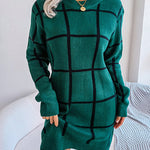 Elasticated Waist Long Sleeves Belted Contrast Color Plaid Round-Neck Mini Dresses Sweater Dresses