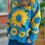 Sunflower Jacquard Crewneck Long Sleeve Knit Pullover Sweater