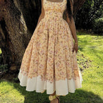 A-Line High Waisted Buttoned Flower Print Pleated Zipper Spaghetti-Neck Maxi Dresses