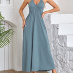 A-Line Loose Pleated Solid Color Split-Joint Deep V-Neck Maxi Dresses