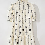 A-Line Loose Bowknot Contrast Color Printed Split-Joint Stand Collar Midi Dresses
